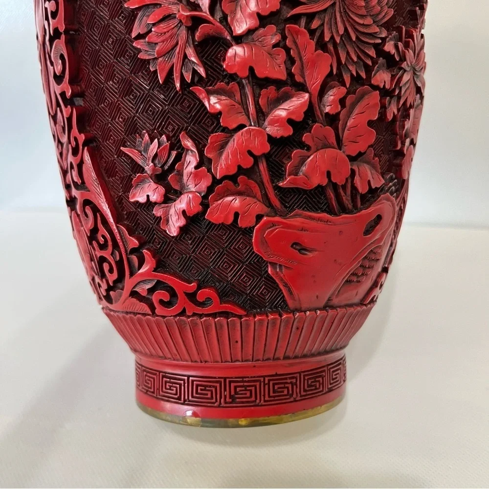 Vintage Red Cinnabar Vase Brass